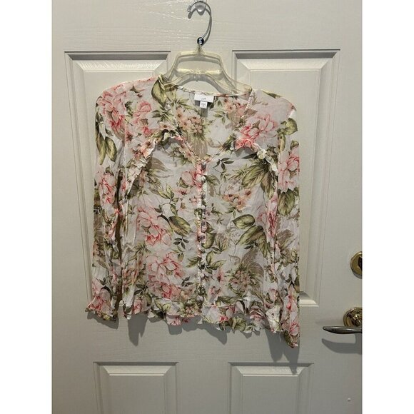 J. Jill (xs)Button Down Shirt V-Neck Pink Green Floral Rayon Gauze - Picture 1 of 8